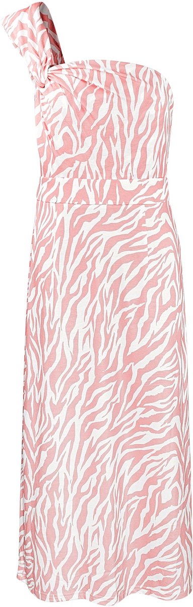 Elegante Een-Schouder Maxi-Jurk met Zebraprint - Roze - Maat L