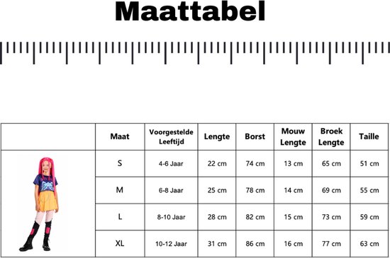 Maattabel voor verkleedkleding met maten, afmetingen en een afbeelding van een meisje in outfit.