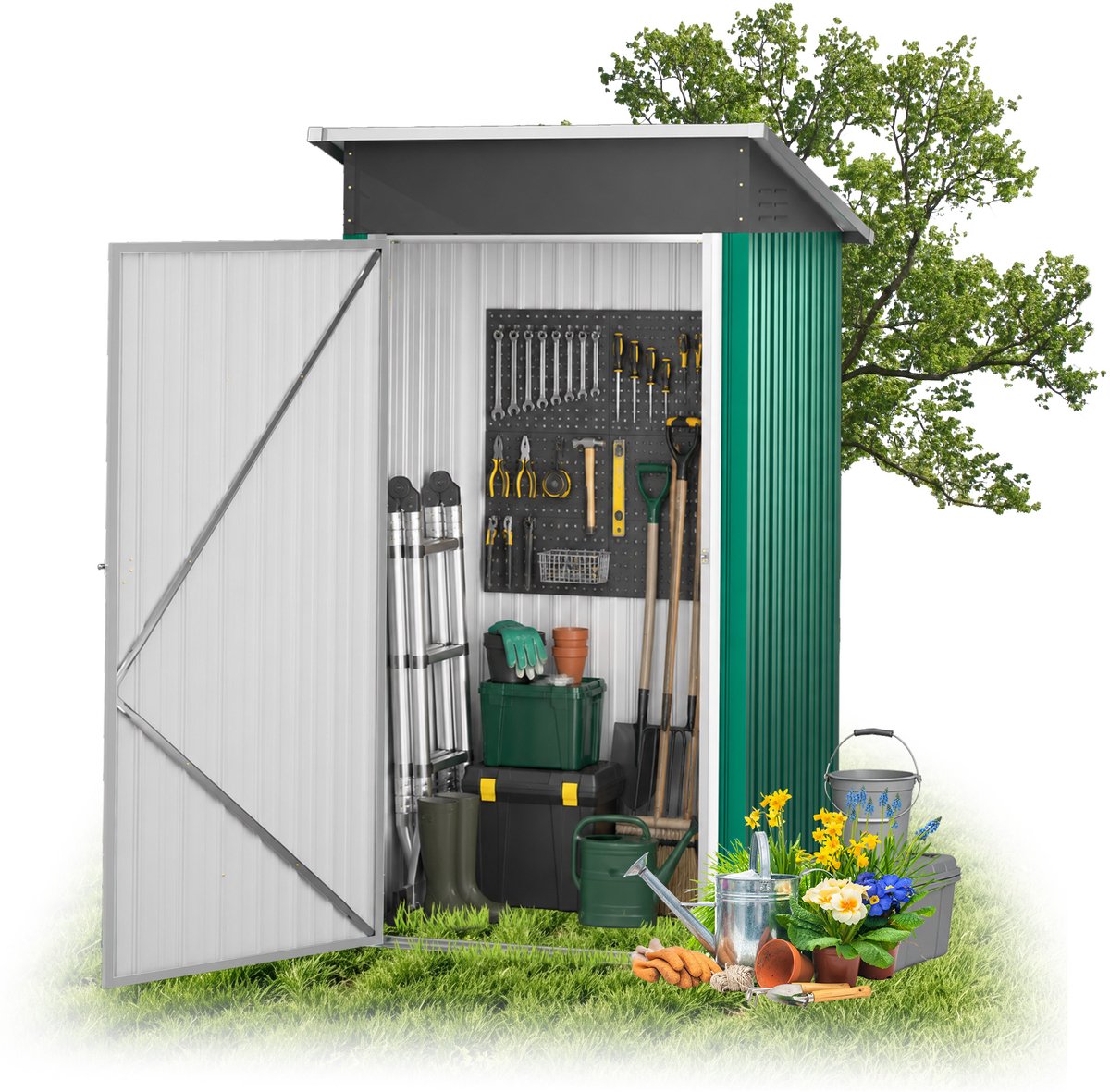 ACXIN Metalen Tuinhuis - Weerbestendige Gereedschapsschuur - Schuin Dak & Ventilatie - Afsluitbare Tuinopslag - 108x91x185 cm - Groen