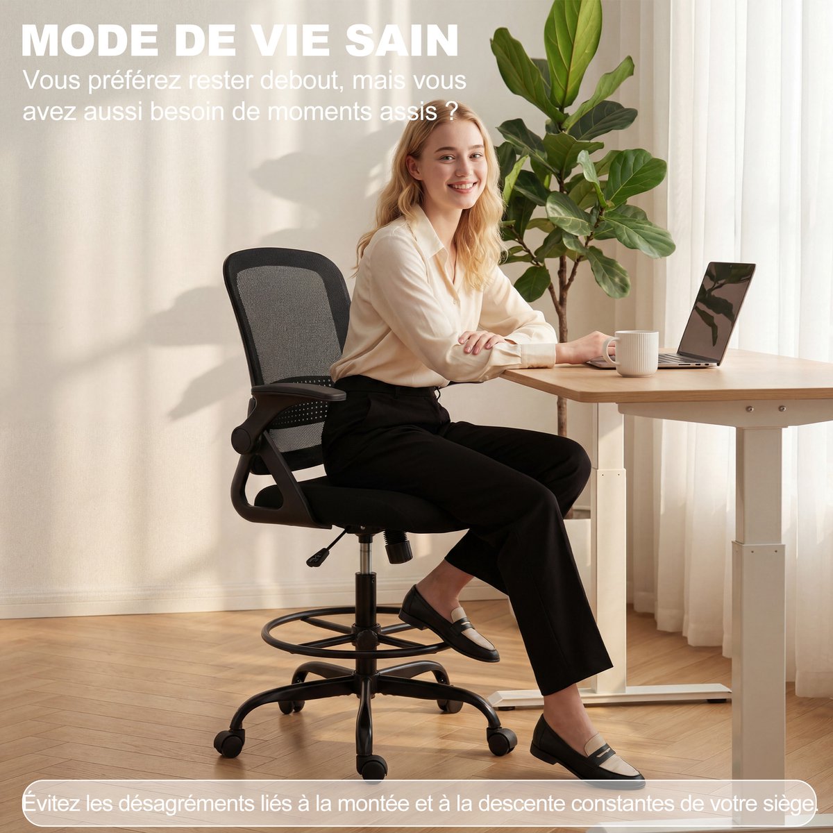 Bureaustoel van gaas, computerstoel met opklapbare armleuningen, in hoogte verstelbaar, voetsteun, zwart thumbnail 6