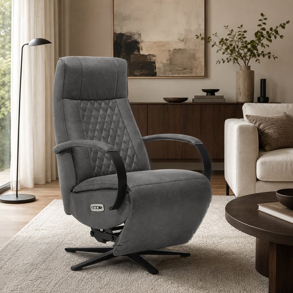 Relaxfauteuil Brent – Microleder – Sta-op stoel - Elektrisch Verstelbaar – Met accu – 2 Motoren – 360° Draaibaar - Antraciet