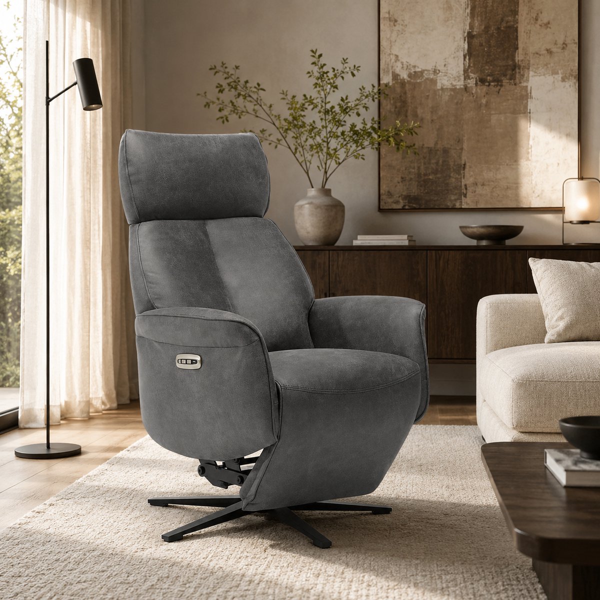 Relaxfauteuil Jaxx – Microleder – Sta-op stoel - Elektrisch Verstelbaar – Met accu – 2 Motoren – 360° Draaibaar - Antraciet