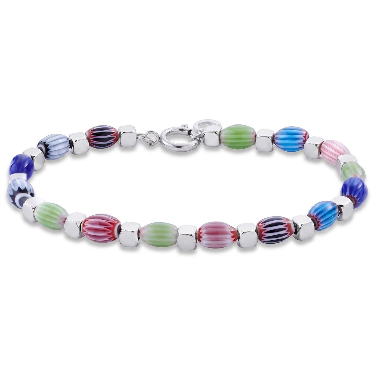 Pearlmania | Cubes Spectrum armband met veelkleurige glazen kralen en roestvrij staal