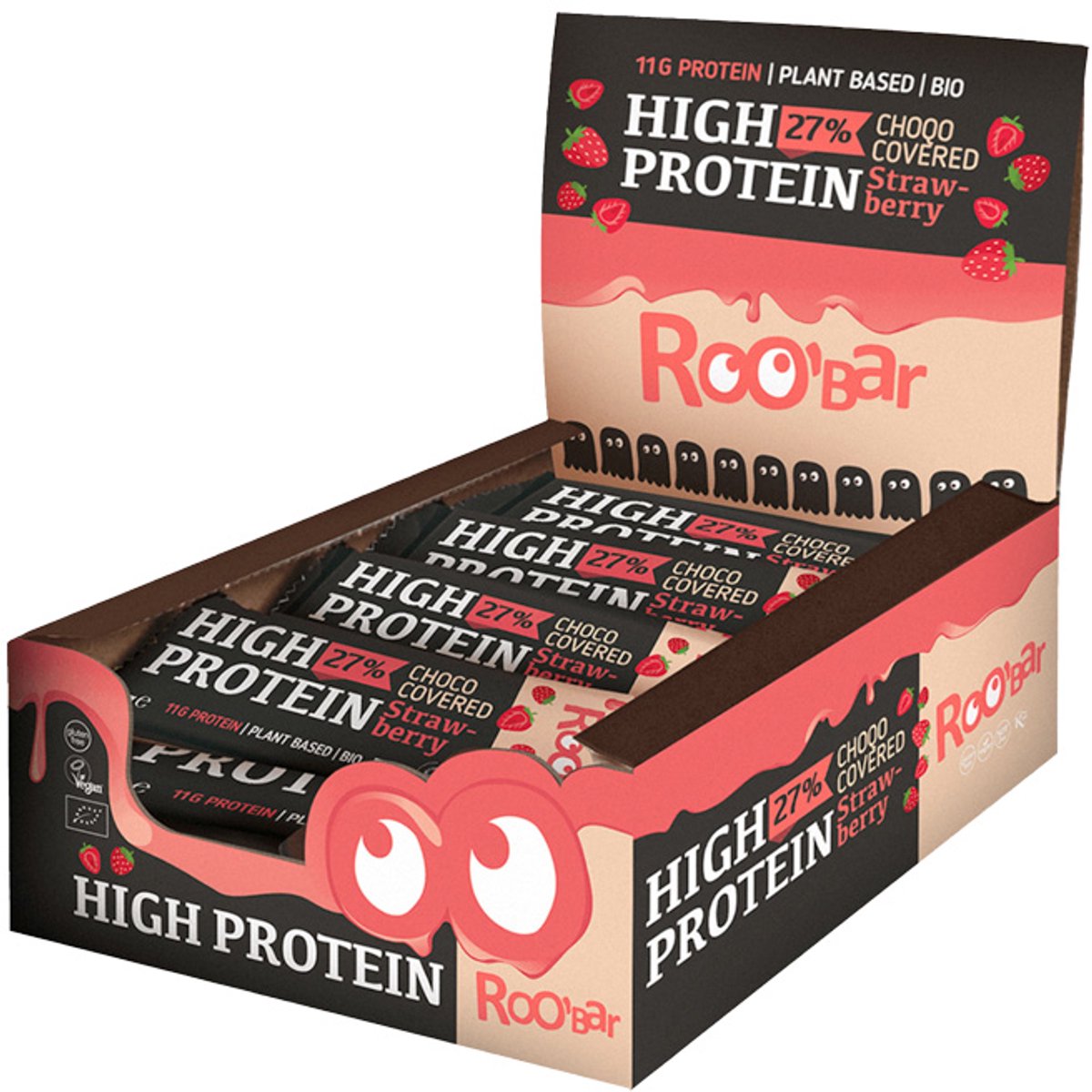 Roo'Bar | High Protein | Chocolate Covered | Strawberry Bar | 16 stuks | 16 x 40 gram