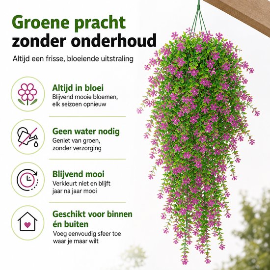 Hangplant met roze bloemen en groene bladeren, onder een dakrand. Tekst: 'Groene pracht zonder onderhoud'.