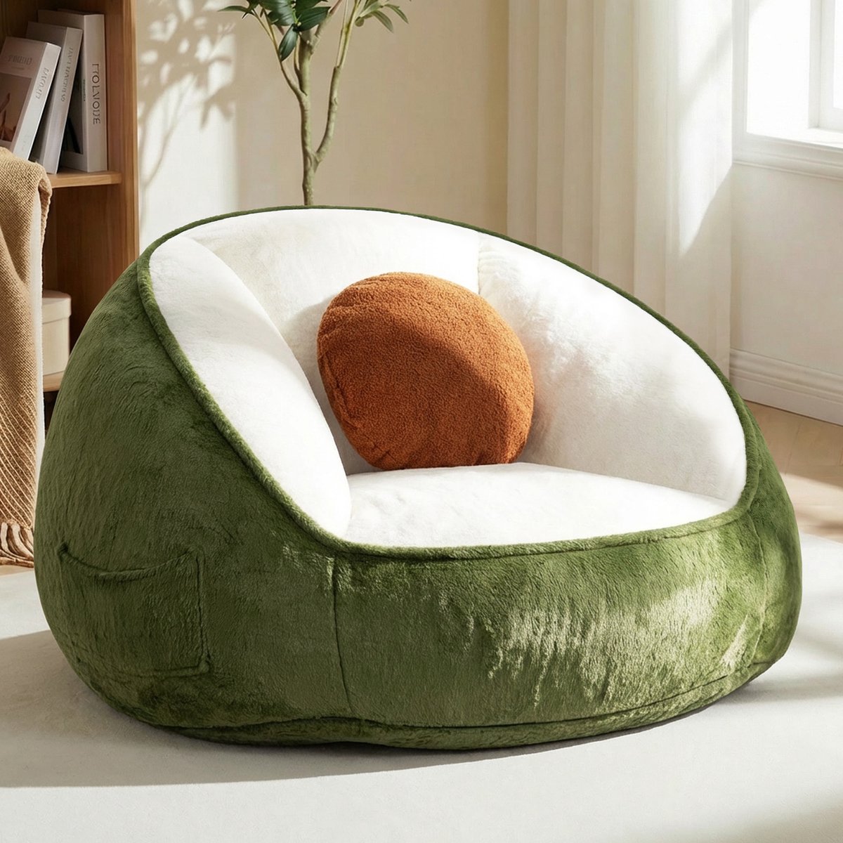 HOMMPA XXL Zitzak Avocadogroen – Memory Foam Beanbag met Rugleuning, Faux Konijnenbont, Afneembare Wasbare Hoes, Inclusief Kussen & Zijvak – 110×120×80 cm – Gaming & Relaxstoel