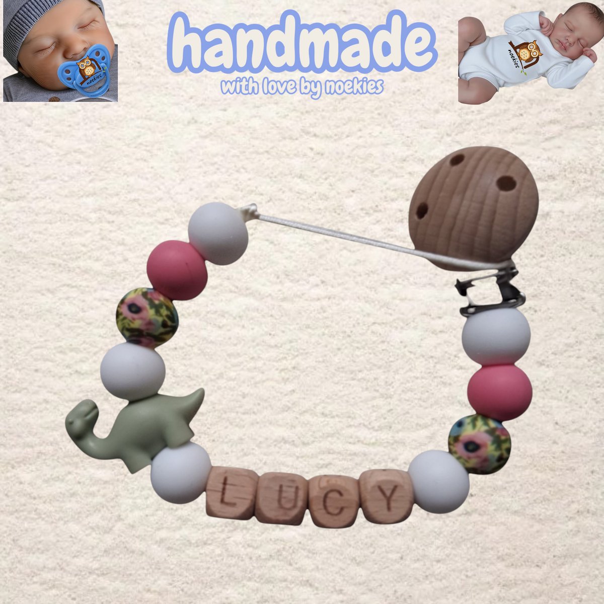 noekies naam speenkoord dino langnek khaki roze wit bloem Kraamcadeau - Speenketting - Babycadeau - Babyshower nr 7