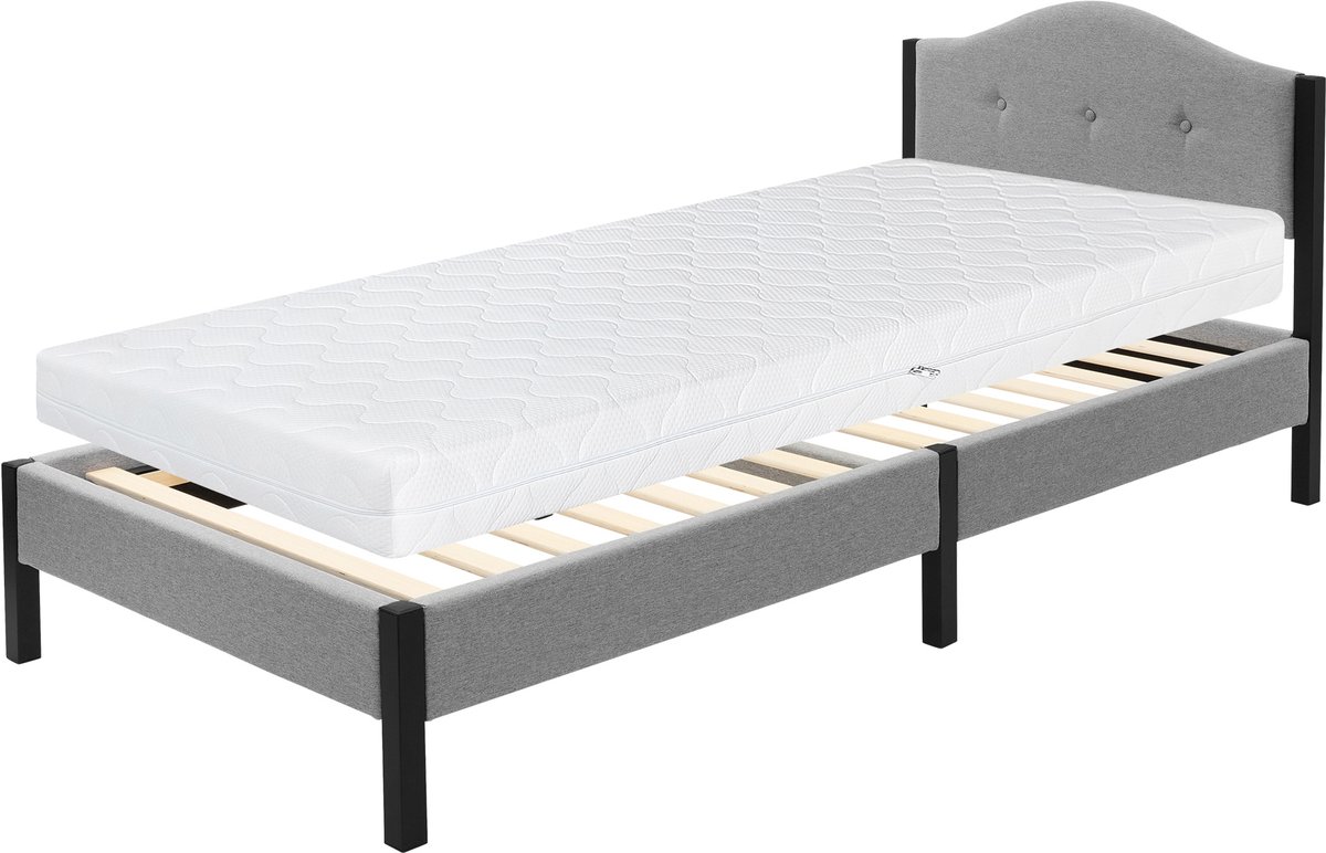 ml-design Gestoffeerd bed 90x200 cm met matras h16 cm eenpersoonsbed, stabiel bedframe serie, linnen bedombouw met gewatteerd hoofdbord en lattenbodem, modern linnenbed met stevig stalen frame, grijs comfortabel tienerbed voor de slaapkamer