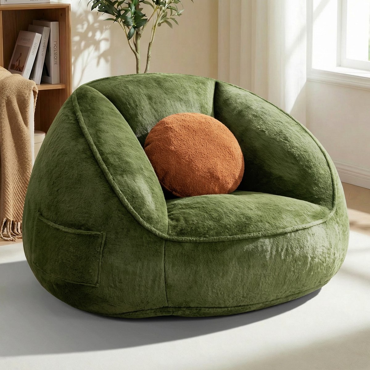HOMMPA XXL Zitzak Groen – Memory Foam Beanbag met Rugleuning, Faux Konijnenbont, Afneembare Wasbare Hoes, Inclusief Kussen & Zijvak – 110×120×80 cm – Gaming & Relaxstoel