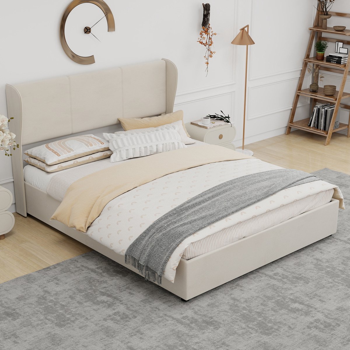 DESMIU Gestoffeerd Bed 160x200 cm - Modern Bedframe met Zacht Hoofdbord - Stabiele Opbergbasis Zonder Matras - Voor Slaapkamer - Beige