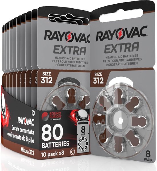 Verpakking Rayovac Extra 312 batterijen, 80 stuks in 10 pakjes van 8.