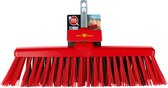 WOLF Garten straatbezem met rode borstels en een rood handvat. Met "click system" logo.