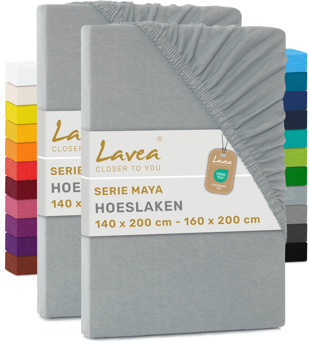 Lavea® Set van 2 Hoeslakens 140x200 cm – 100% Zacht en Ademend Katoen – voor Dikke Matrassen tot 20 cm – Jersey met Elastiek rondom – Zilver