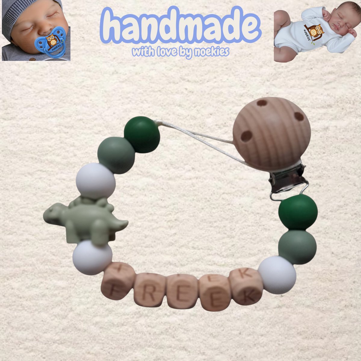noekies naam speenkoord dino stekel khaki groen wit Kraamcadeau - Speenketting - Babycadeau - Babyshower nr 12