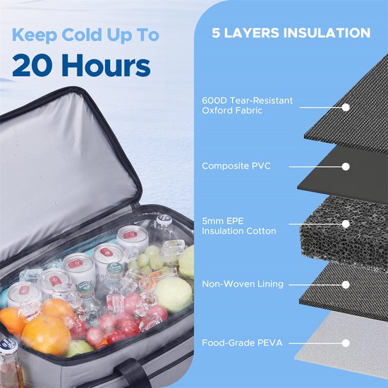 WARMOUNTS Koeltas 28L - Geïsoleerde Koeltas voor 48 Blikjes, 2 Vakken, Lekvrij met Deksel, Opvouwbare Koelbox Tas voor Camping, Wandelen, Picknick en Strand, 38 x 30 x 25 cm van Warmounts — afbeelding 4
