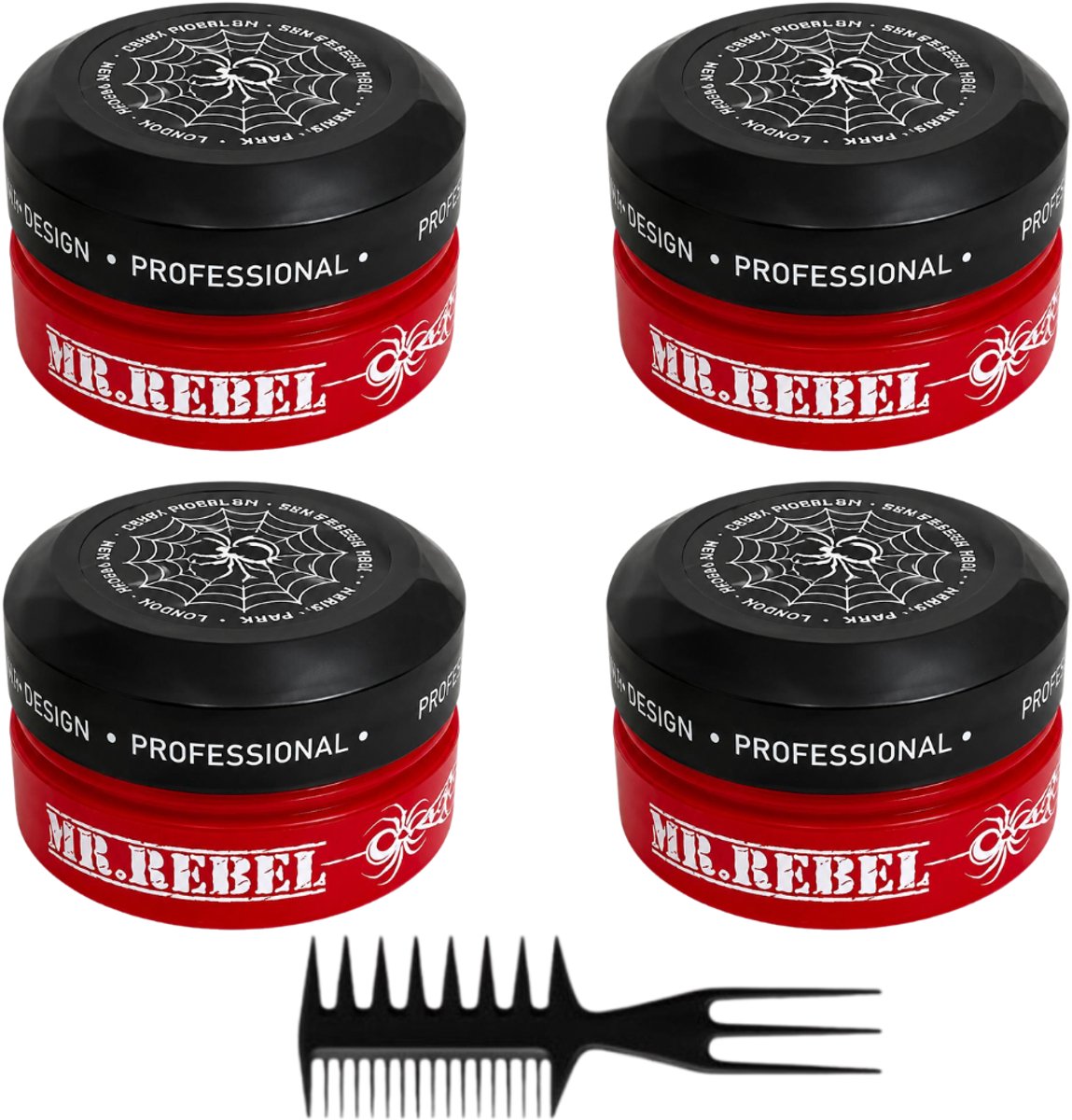 MR. REBEL Red Matte Hair Styling Wax – Haarwax Mannen – sert van 4 stuks + 1 styling kam – Sterke Hold – Matte Finish – Natuurlijke Look – Volume & Textuur – 600 ml