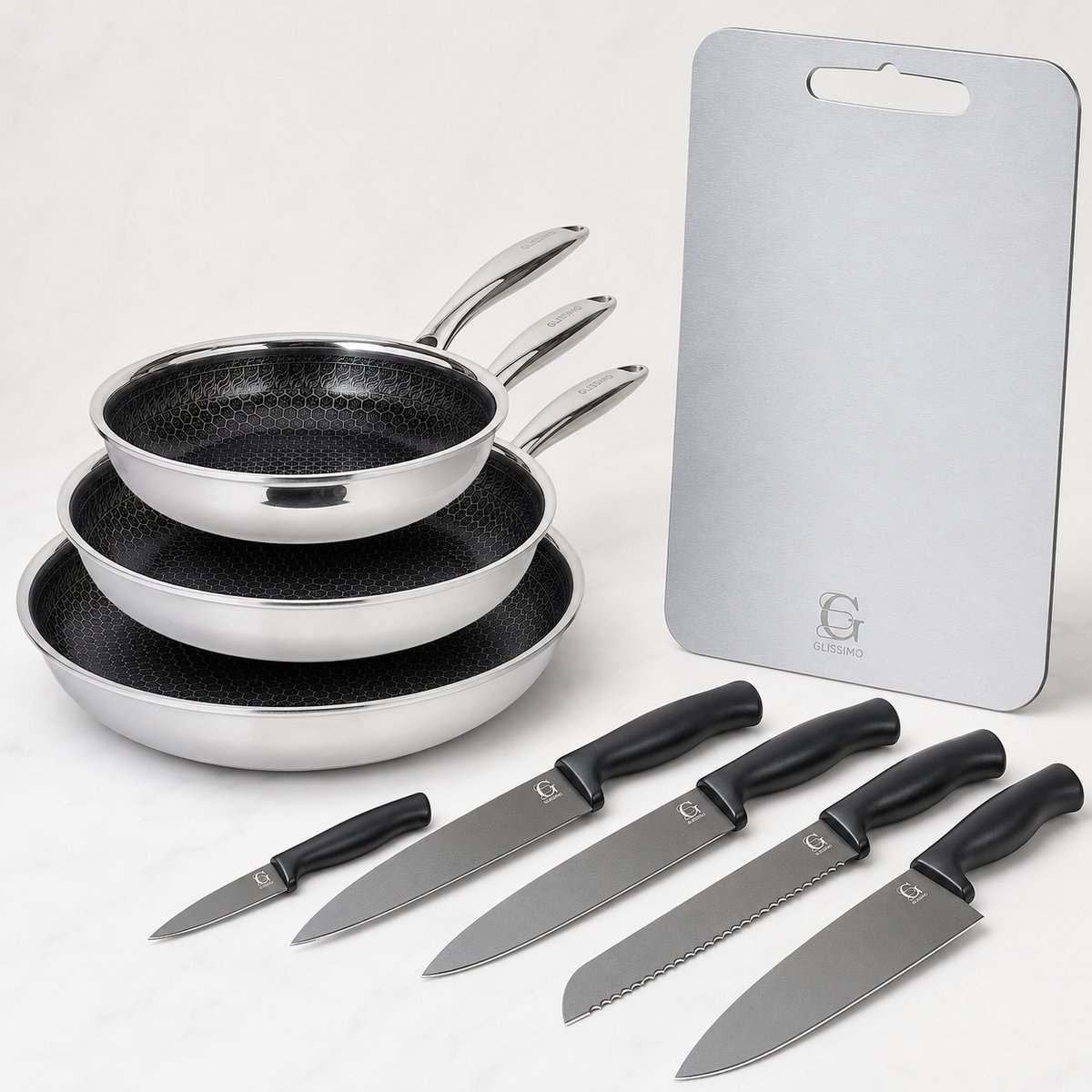 Glissimo Cookware - 9-delige Keramische pannenset - 20/26/30 cm - 5-delige Messenset - RVS Snijplank - PFAS-vrij - Geschikt voor Inductie - Anti-aanbaklaag - Vaatwasserbestendig