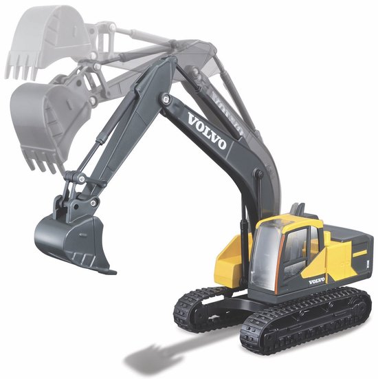 Gele en grijze Volvo graafmachine met bewegende arm, op rupsbanden.