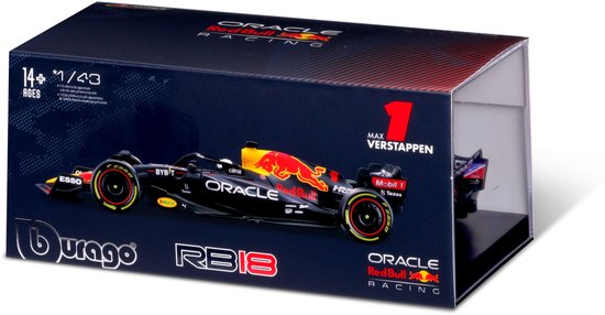 Bburago Red Bull Racing RB18 schaalmodel 1:43, met Max Verstappen livery en helm.