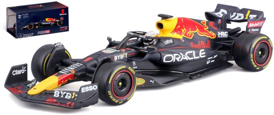 Max Verstappen Red Bull RB18 Formule 1 auto, nummer 1, donkerblauw met gele en rode accenten.