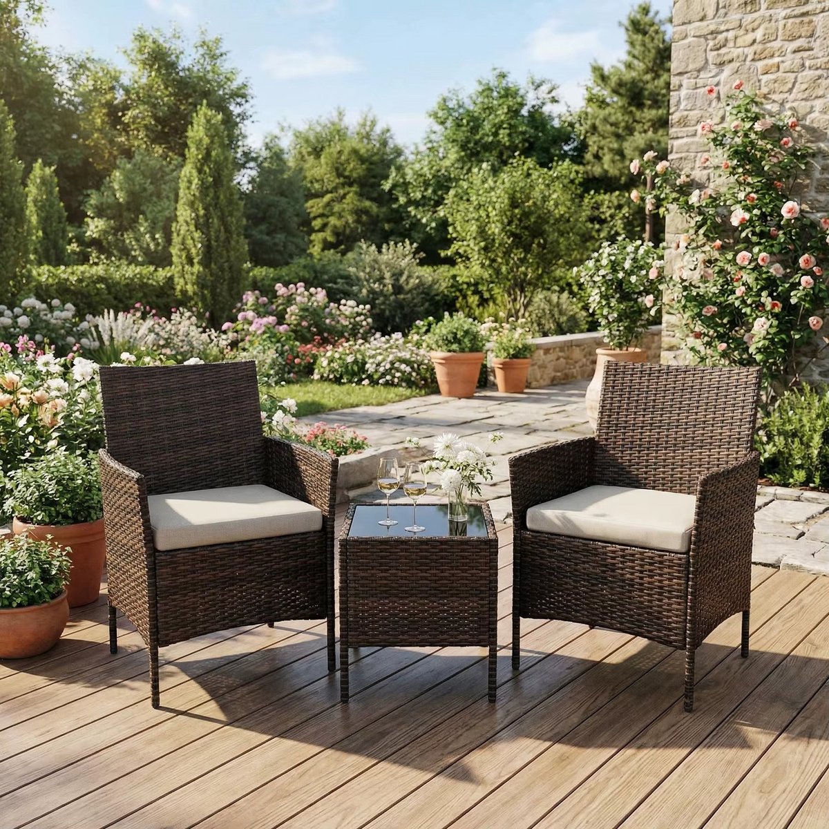 3-Delige Rotan Bistroset – 2 Tuinstoelen met Zachte Kussens & Salontafel met Glazen Blad – PE-Rotan Balkonset voor Tuin, Veranda & Terras