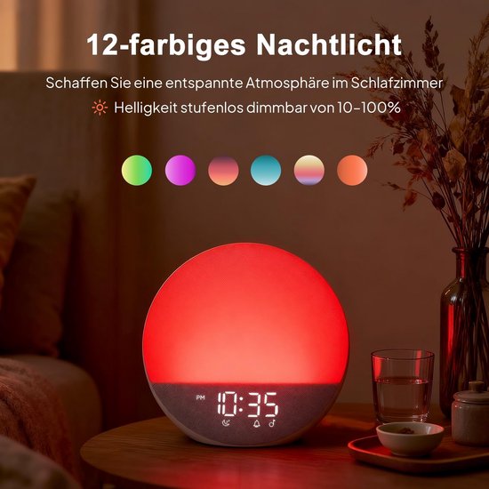 Wekker met Licht - Natuurlijk Wakker Worden - Rustig Ontwaken - Simuleert Zonsopgang - 18 x 18 cm - Wit — afbeelding 4