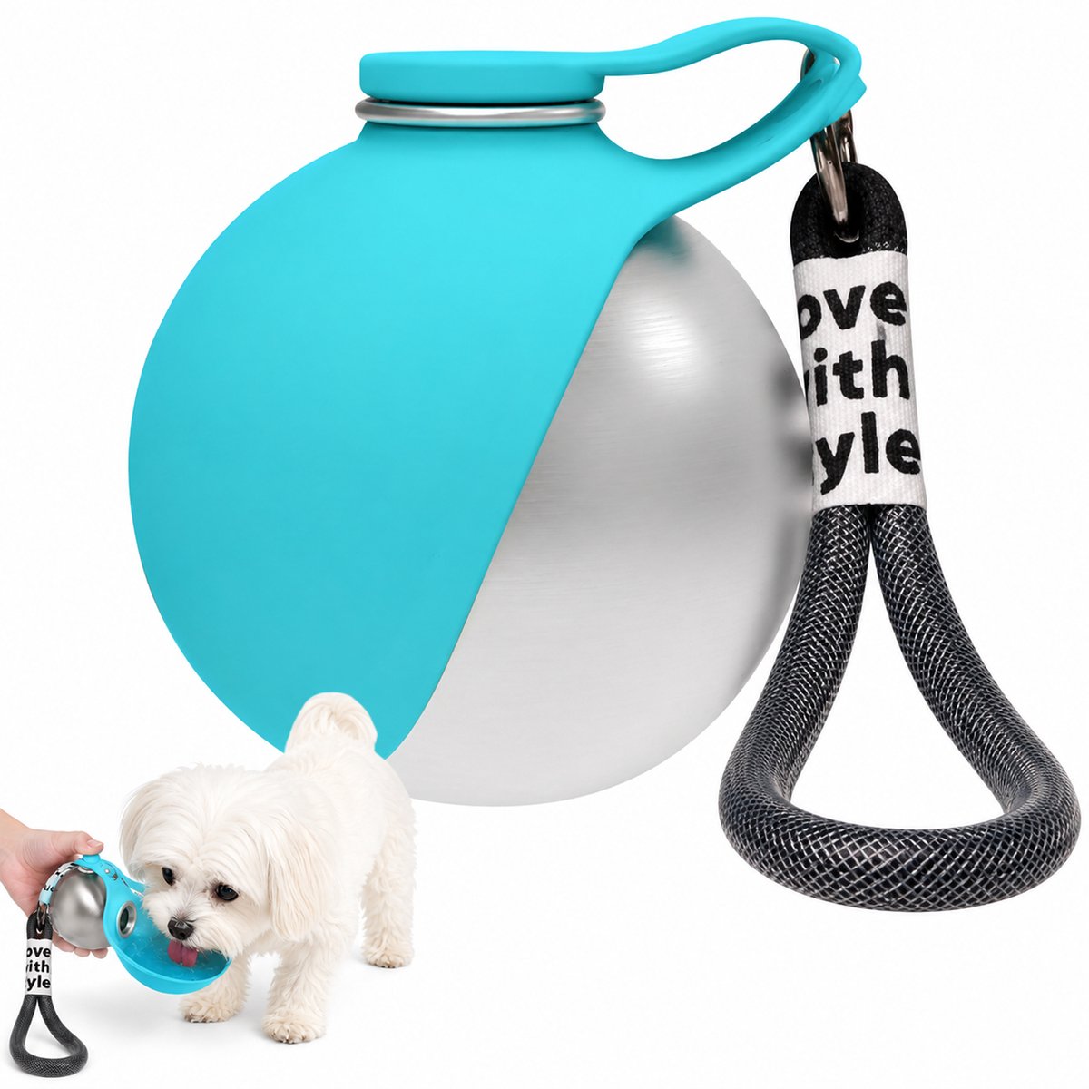Drinkfles voor Huisdieren - Draagbare Drinkfles - RVS - Lekvrij - Met Haak - Opvouwbare Kom - Karabijnhaak - 285ml - Voor Honden & Katten - Blauw