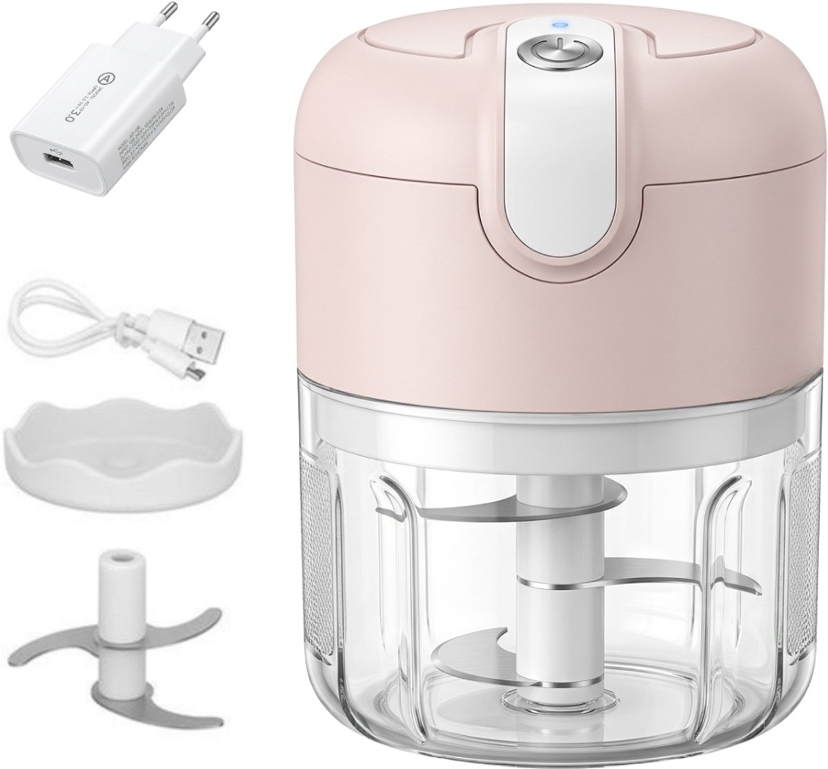 COCHO® Elektrische Hakmolen – USB Oplaadbaar – Mini Chopper 250 ml – Draadloos – Voor Groenten, Babyvoeding & Meal Prep – Roze + Een snellader