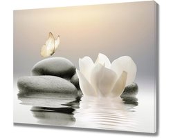 EOBTAIN Zen canvas muurkunst witte bloem en gele vlinder op meer muurkunst voor badkamer woonkamer slaapkamer moderne spirituele yoga spa ingelijst canvas kunst muurdecoratie, 25 x 20 cm