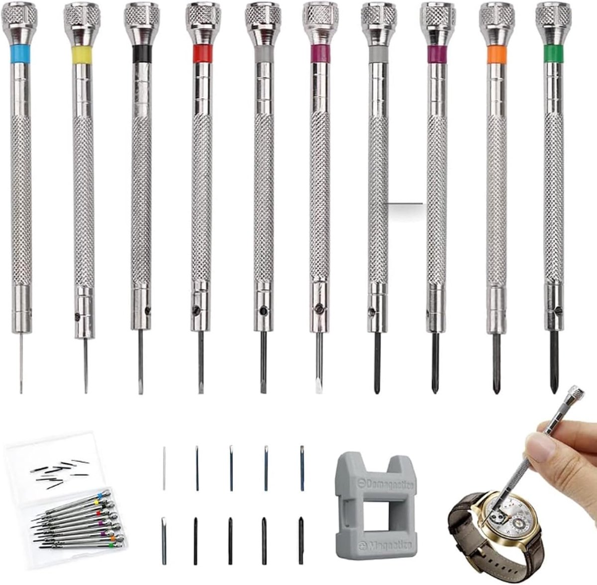 10pcs Precision Screwdriver Set voor Horloges - Mini Demagnetizer en 0.6-2.0 mm Schrappers voor Horloges - Glazen en Sieraden
