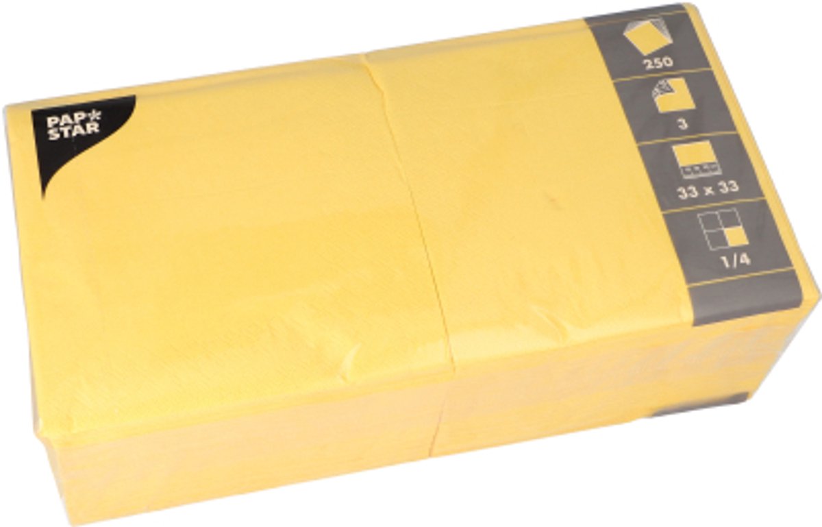 4x 250 Servetten 3-laags 1/4 vouw 33 cm x 33 cm geel