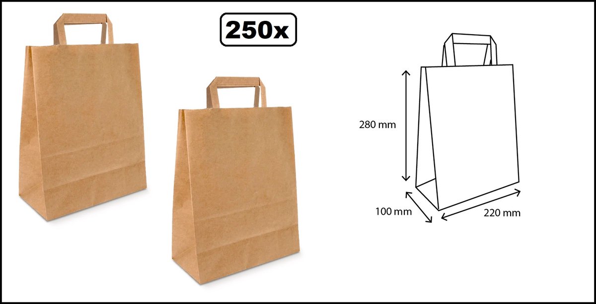250 stuks Papieren tasjes kraft 22x10x28cm gerecycled