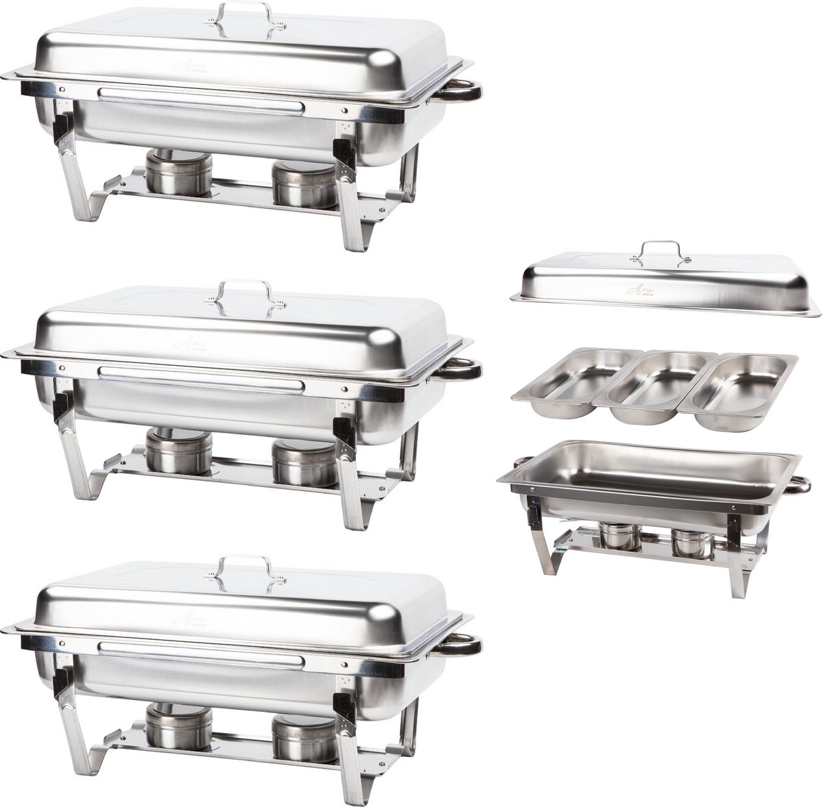 Alora Chafing Dish chrome 3 bakken per 3 - voedsel verwamer - voedsel warmhouden - met deksel - buffetwarmer - roestvrij staal - chrome - warmhoudplaat - bain maria - warmhoudbakken - Warmhoudschalen