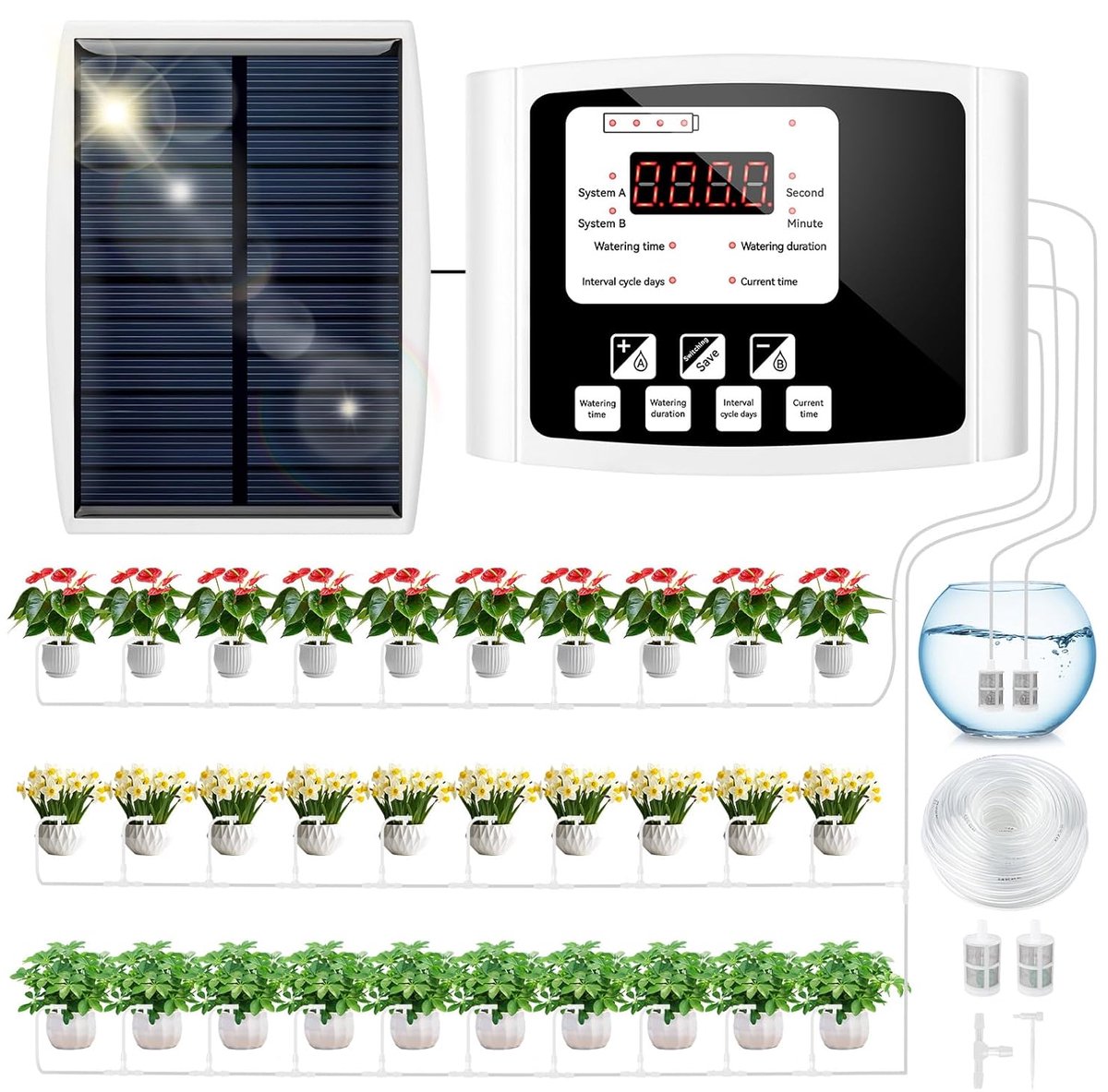 Automatisch Irrigatiesysteem - Zonne-energie Bewatering - Planten Verzorgen - Dubbele Pomp Capaciteit - 20 Meter Slang