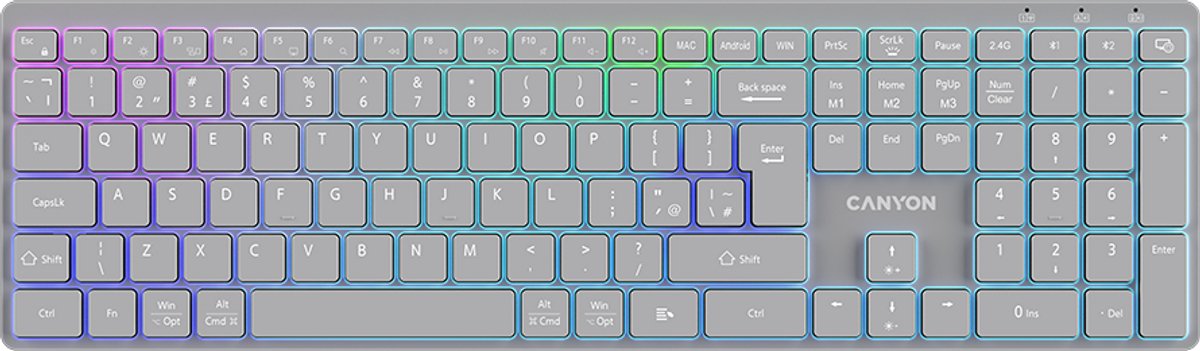 Canyon HKB-W11 - Toetsenbord - Draadloos - RGB Verlichting - Grijs