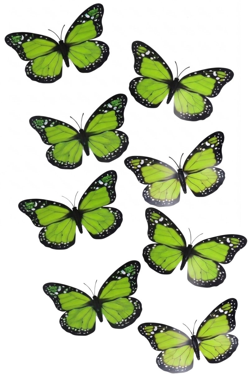 Gerimport Kerst vlinders - 8x stuks - groen - op clip - 12 x 6 cm - kunststof - kerstboomversiering