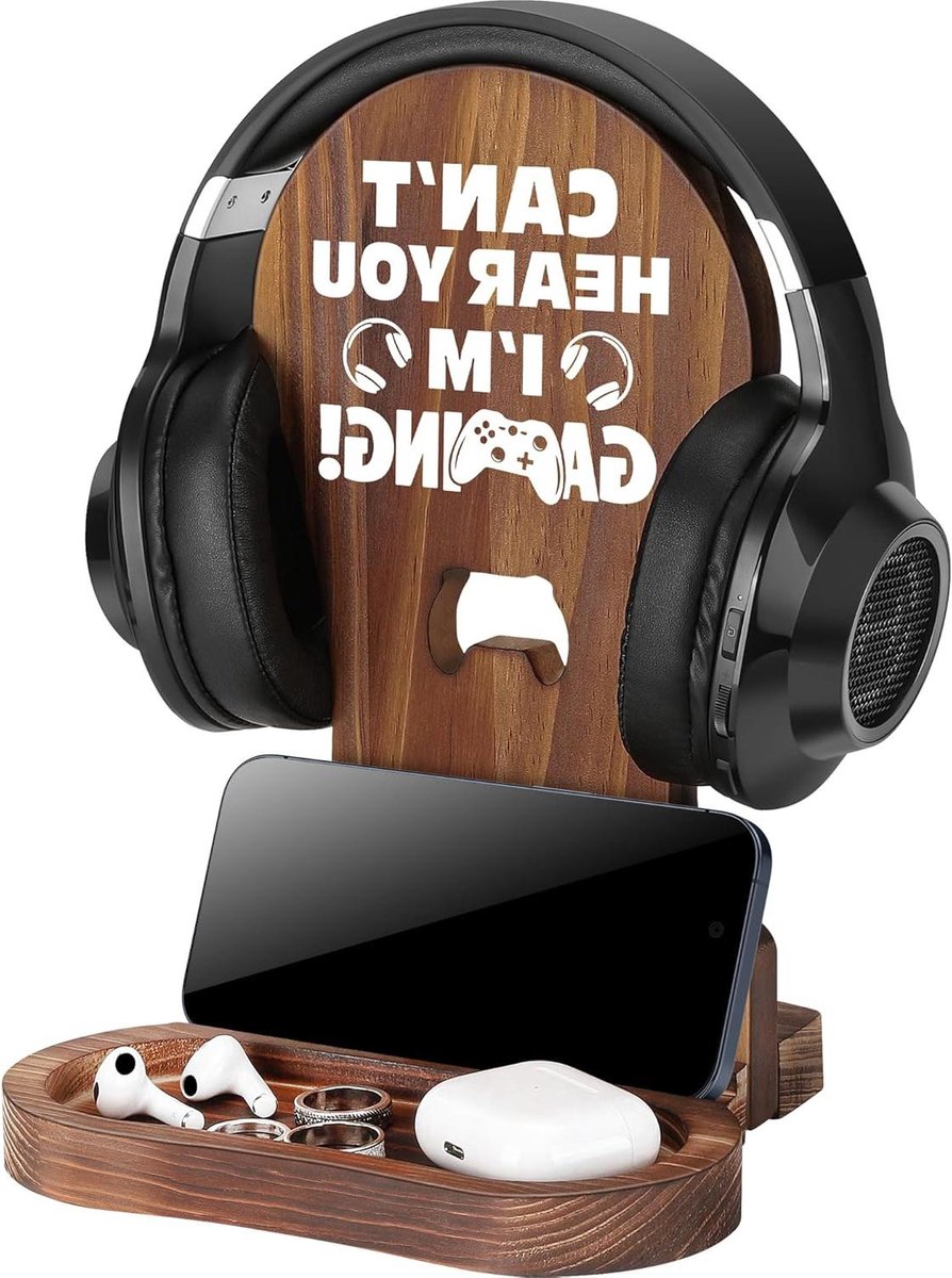 Hoofdtelefoon Houder - Gamer Accessoire - Bureau Organisatie - Handgemaakt Natuurlijk Hout - 19x16x25 cm - Houtkleur