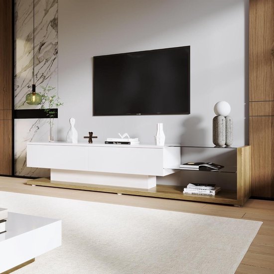 Skraut Home | TV-Meubel, Lowboard | Woonkamer, Eetkamer | 150x45x35cm | Voor tv's tot 65 | Elektrische haard | Hangend | Moderne stijl | Cement