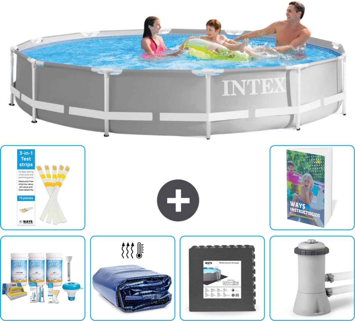 Intex Rond Prism Frame Zwembad – 366 x 76 cm – Grijs – Inclusief Onderhoudspakket – Solarzeil – Vloertegels – Zwembadfilterpomp – 7-delig