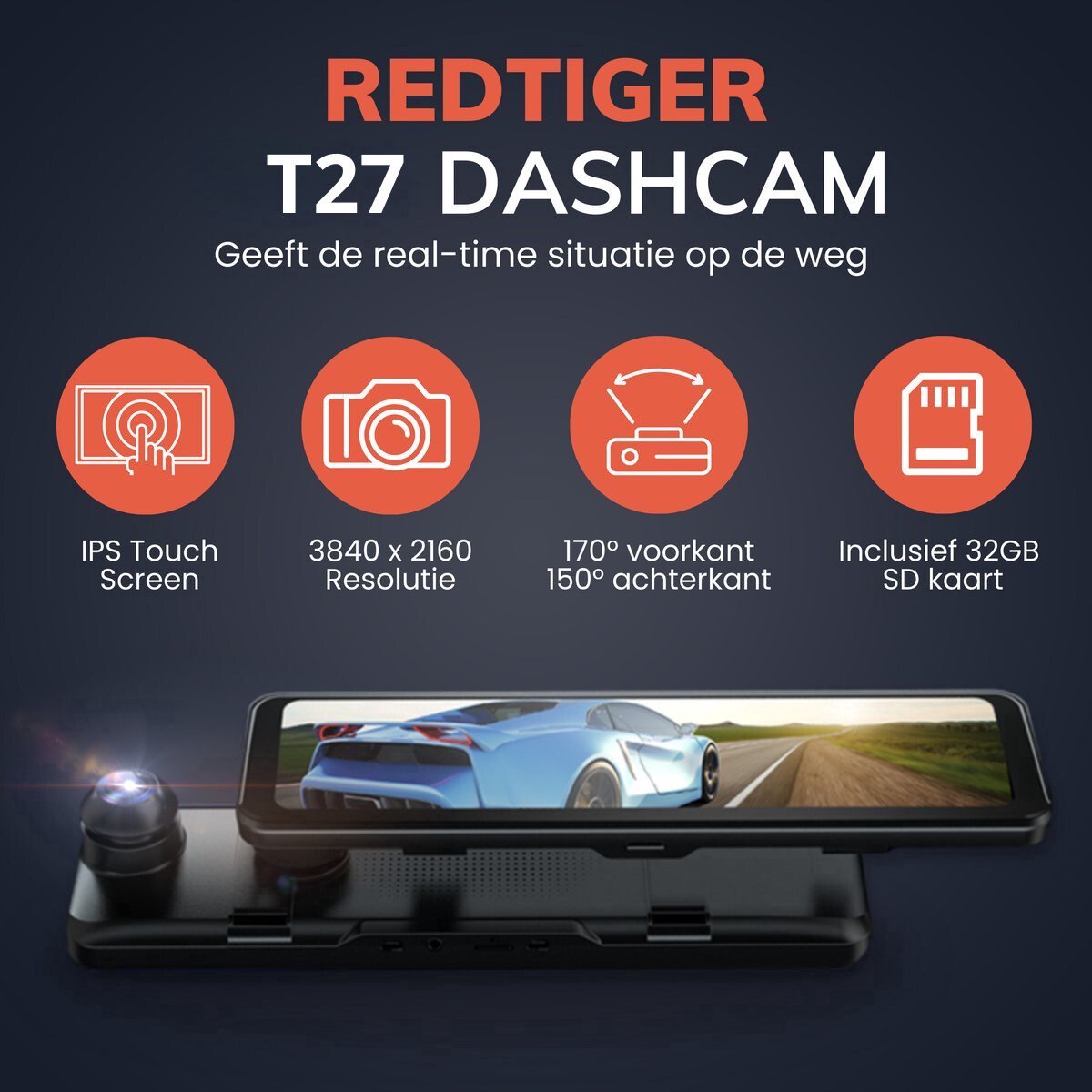RedTiger T27 Spiegel Dashcam voor auto - Ultra 4K & 2,5K - 12 Inch thumbnail 4