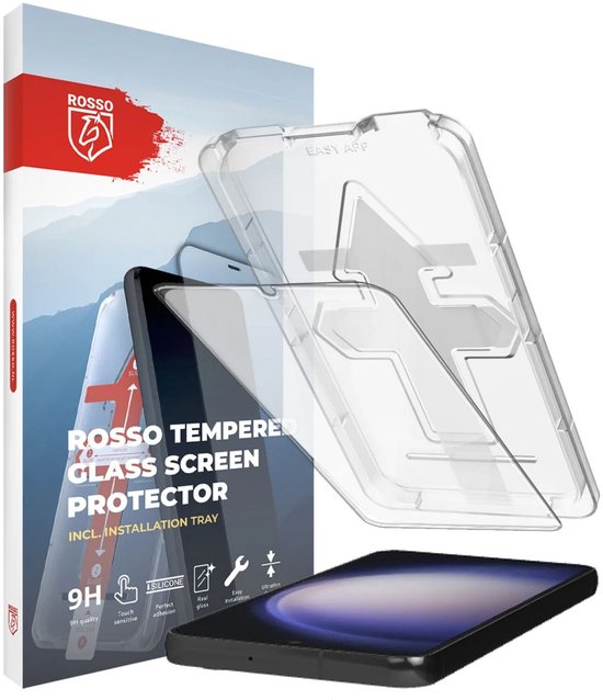 Rosso Tempered Glass Screen Protector verpakking met installatietray en Samsung S23.
