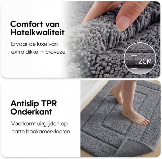 MAESON Badmat 60x90 cm - Antislip & Waterbestendig - Douchemat voor Badkamer - Grijs - Groot - Geschikt voor Douche & Bad