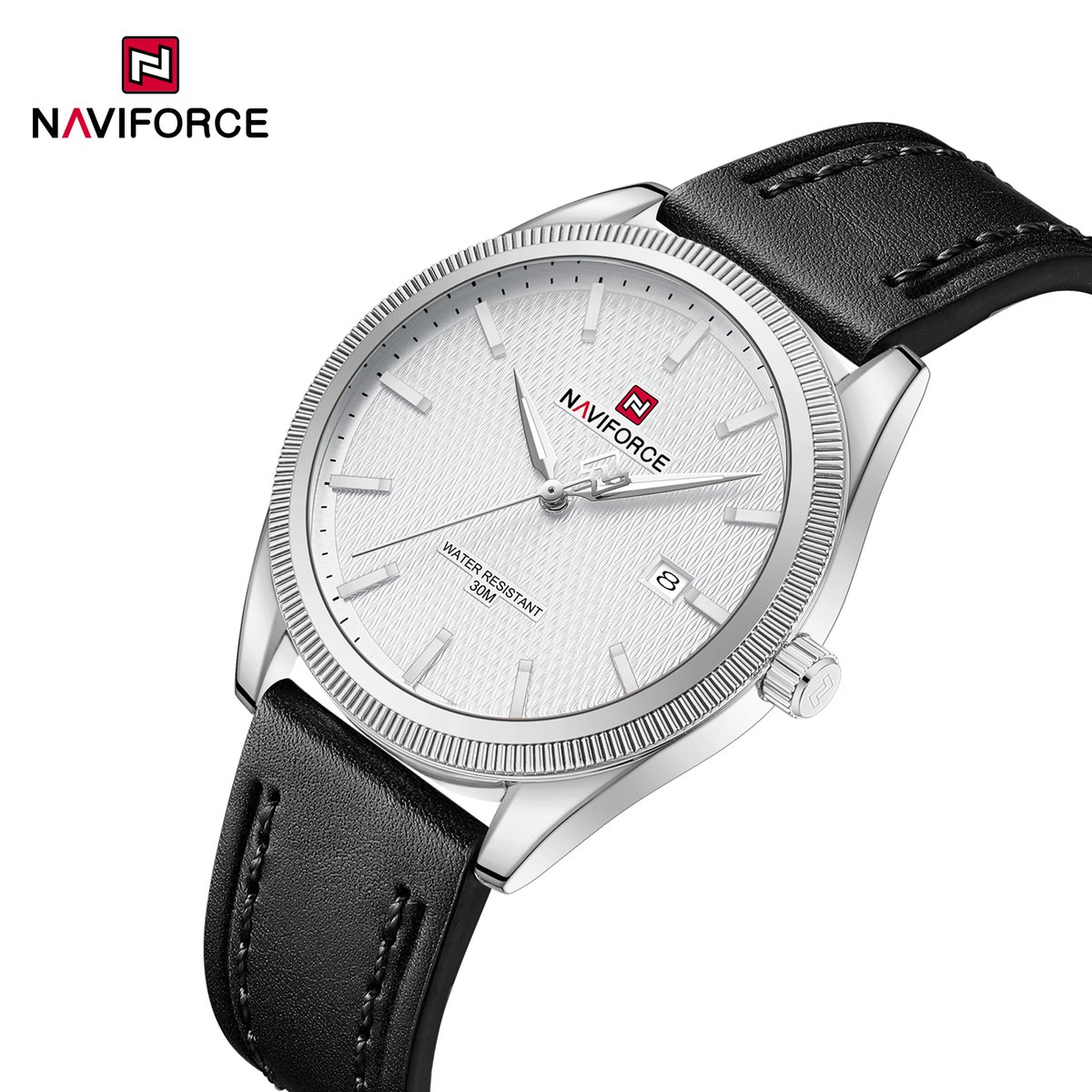NAVIFORCE horloge voor mannen, met zwarte lederen polsband, zilveren uurwerkkast en wijzerplaat met witte wijzers ( model 9276L SWB )