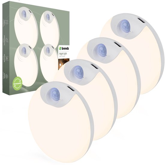 Brendz LED ronde Nachtlampje Bewegingssensor, USB-C Oplaadbaar, Magnetisch, 4 stuks, Warm Wit 3000K, Dimbaar, Kastverlichting Draadloos, Keukenverlichting, Trapverlichting