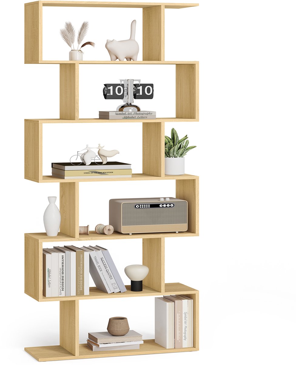 Vasagle Boekenkast - Met 6 Niveaus - Opbergmeubel - Ruimteverdeler voor Woonkamer Slaapkamer Kantoor Natuurlijke eiken kleur