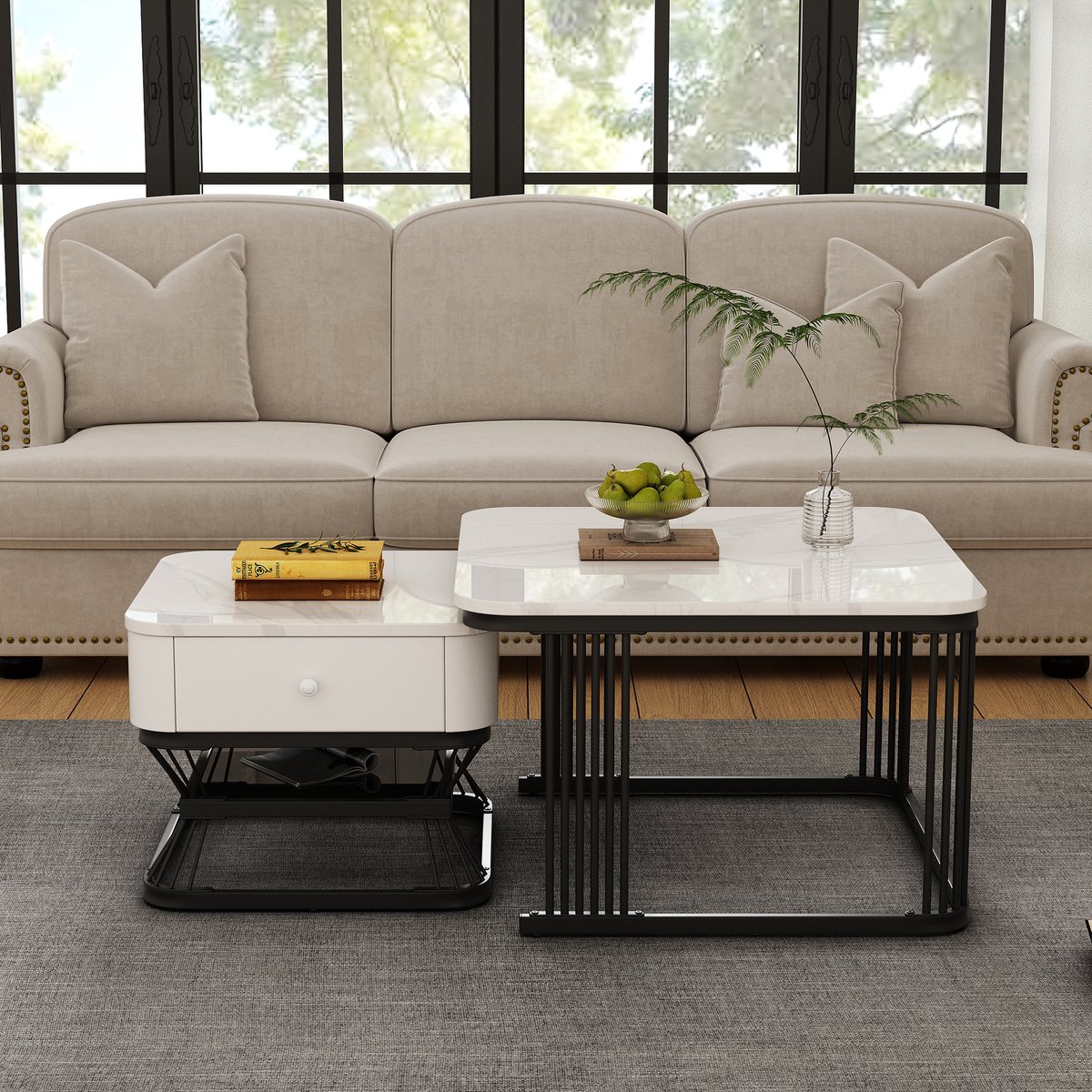 MODFU 2-Delige Salontafelset - Hoogglans Marmerlook - Met 1 Lade - Voor Woonkamer - MDF En Metaal - Wit Zwart - 70x70x45 + 50x50x40 Cm Wit+Zwart