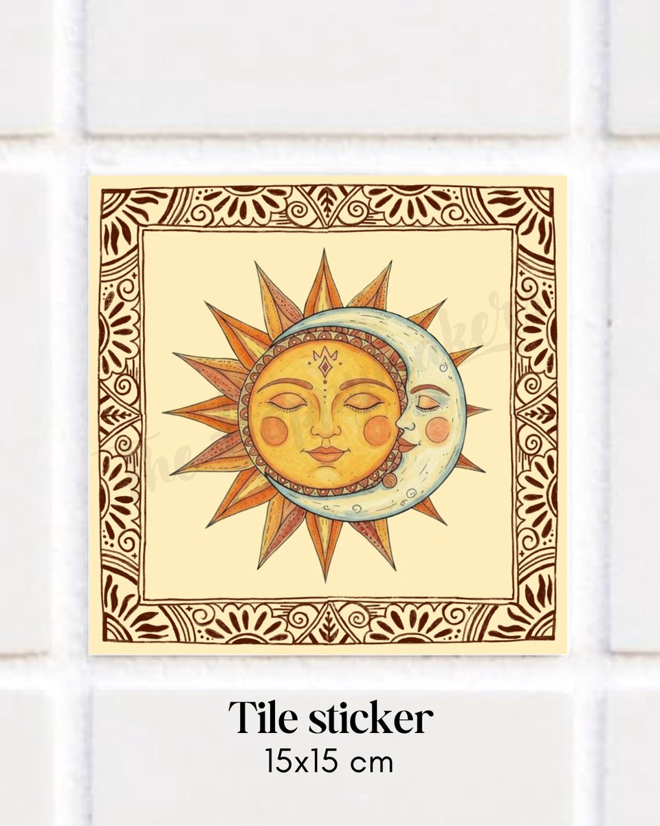 Tegel sticker met spreuk en illustratie , ''moon & sun' 15x15 cm, maan, zon, bohemian, spreuktegel, badkamertegel, keukentegel, woondecoratie, decoratie tegel, waterproof tegel, tegeltjeswijsheden, cadeau, handgemaakt, muursticker