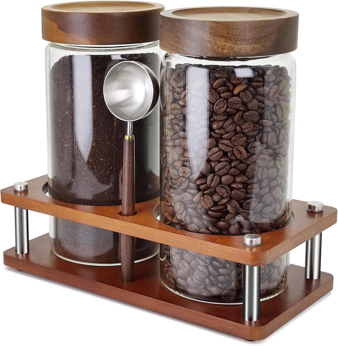 Koffie Bewaarbus - Bewaarpot Set – Luchtdicht – Glazen Voorraadpotten met Houten Deksel – Voor Koffiebonen en Thee – 1.3L