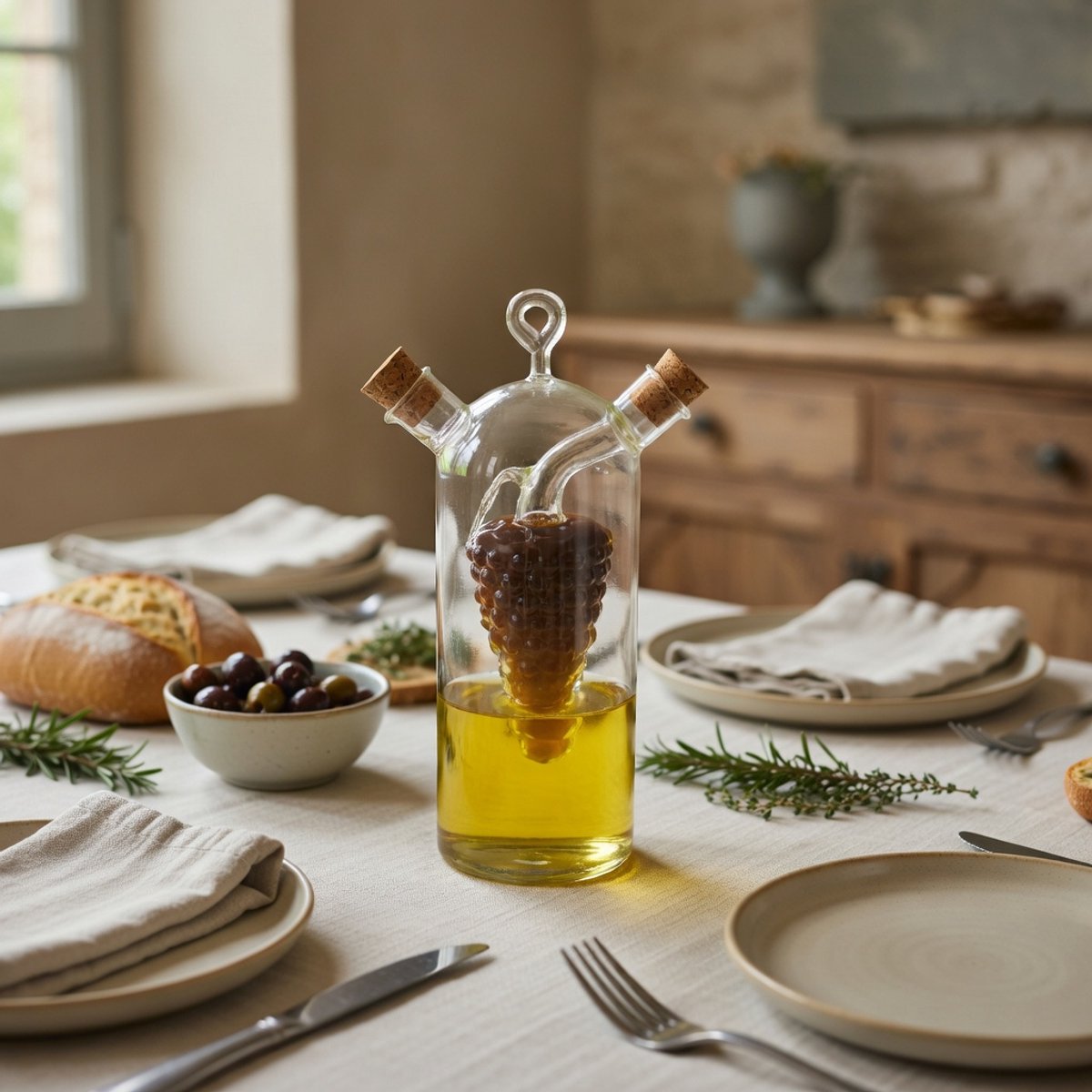 2-in-1 Olie- en Azijnfles van Glas – 300ml Olie + 30ml Azijn – Voor Olijfolie, Balsamico Azijn of Dressing – Glazen Keukenfles met Schenktuit – Herbruikbare Dispenser voor Koken en Serveren – Keukenaccessoire of Cadeau