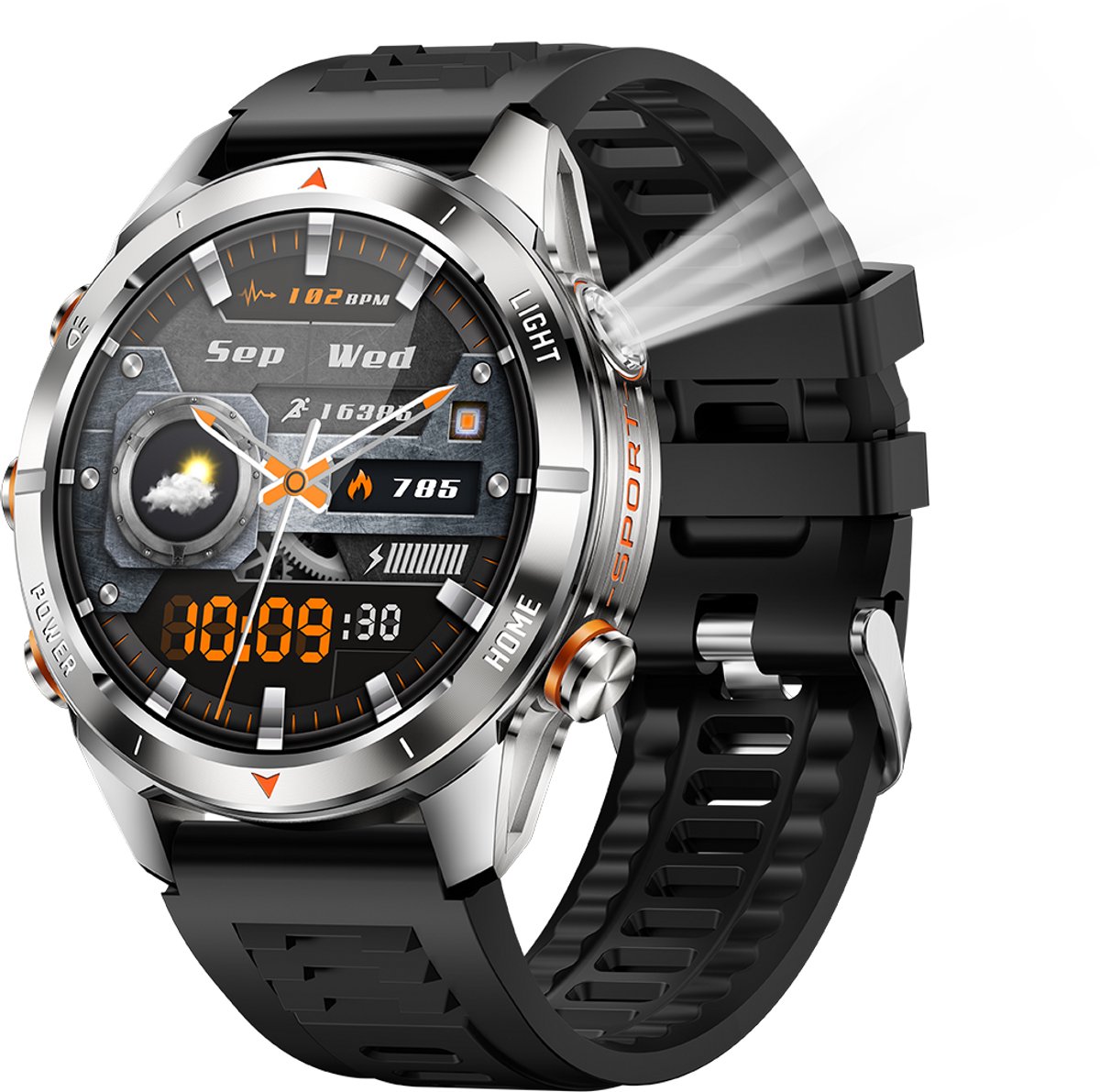 Knobbout Smartwatch 1.46" Scherm (3,7 cm) met Krachtige Zaklamp & UV Licht – 3ATM Waterdicht | Bluetooth Bellen | 515mAh Lange Batterij | Sport & Gezondheid Tracker | Full Metal Design - Zilver